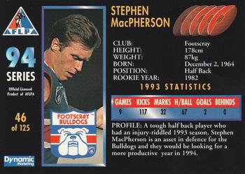 1994 Dynamic AFLPA #46 Stephen MacPherson Back